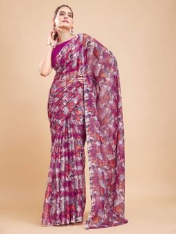 Garden VARELI - Magenta Printed Poly Chiffon Saree with Unstitched Blouse