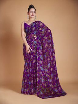 Garden VARELI - Purple Printed Poly Chiffon Saree Without Blouse