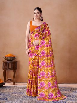 Garden VARELI - Brown Floral Printed Chiffon Saree Without Blouse