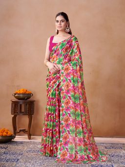 Garden VARELI - Magenta Floral Printed Chiffon Saree Without Blouse