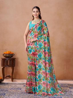 Garden VARELI - Teal Floral Printed Chiffon Saree Without Blouse