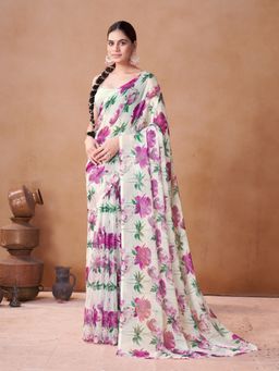 Garden VARELI - Cream Floral Printed Chiffon Saree Without Blouse