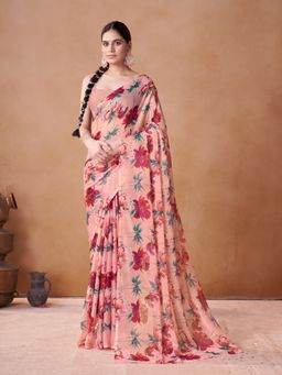 Garden VARELI - Peach Floral Printed Chiffon Saree Without Blouse
