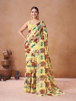 Garden VARELI - Yellow Floral Printed Chiffon Saree Without Blouse