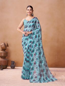 Garden VARELI - Blue Floral Printed Chiffon Saree Without Blouse