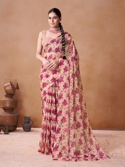 Garden VARELI - Peach Floral Printed Chiffon Saree Without Blouse