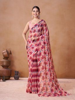 Garden VARELI - Pink Floral Printed Chiffon Saree Without Blouse