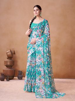 Garden VARELI - Blue Floral Printed Chiffon Saree Without Blouse