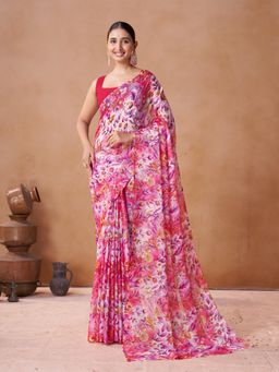 Garden VARELI - Red Floral Printed Chiffon Saree Without Blouse