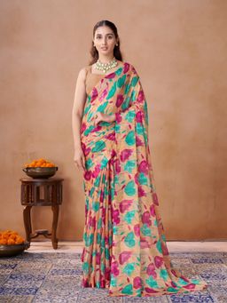 Garden VARELI - Beige Floral Printed Chiffon Saree Without Blouse
