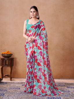 Garden VARELI - Turquoise Floral Printed Chiffon Saree Without Blouse