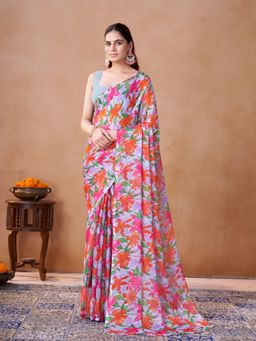 Garden VARELI - Lavender Floral Printed Chiffon Saree Without Blouse