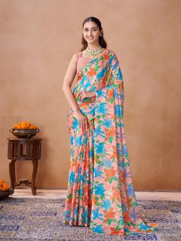 Garden VARELI - Pink Floral Printed Chiffon Saree Without Blouse