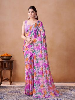 Garden VARELI - Purple Floral Printed Chiffon Saree Without Blouse