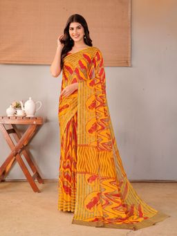 Garden VARELI - Orange Floral Printed Chiffon Saree with Unstitched Blouse