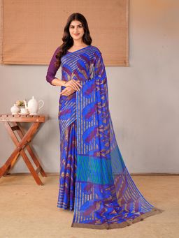 Garden VARELI - Blue Floral Printed Chiffon Saree with Unstitched Blouse