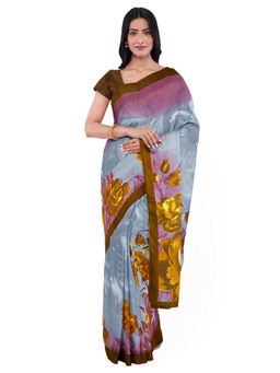 Garden VARELI - Grey Floral Printed Chiffon Saree with Unstitched Blouse