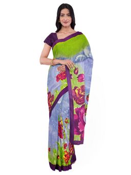 Garden VARELI - Grey Floral Printed Chiffon Saree with Unstitched Blouse