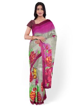 Garden VARELI - Pink Floral Printed Chiffon Saree with Unstitched Blouse