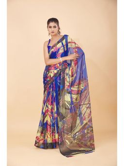 Garden VARELI - Blue Abstract Printed Chiffon Saree with Unstitched Blouse
