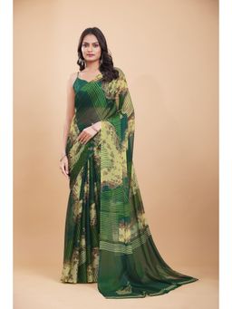 Garden VARELI - Green Indian Paisley Printed Chiffon Saree with Unstitched Blouse