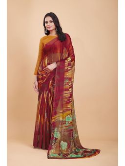 Garden VARELI - Maroon Floral Printed Chiffon Saree with Unstitched Blouse