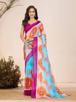 Garden VARELI - Blue Floral Printed Chiffon Saree with Unstitched Blouse