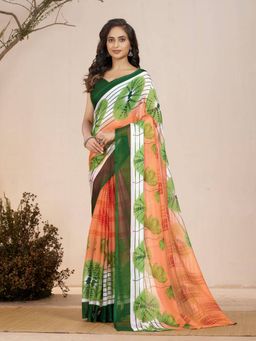 Garden VARELI - Orange Floral Printed Chiffon Saree with Unstitched Blouse