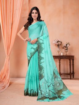Garden VARELI - Turquoise Abstract Printed Chiffon Saree Without Blouse