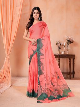 Garden VARELI - Peach Abstract Printed Chiffon Saree Without Blouse