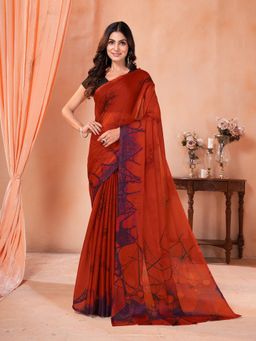 Garden VARELI - Rust Abstract Printed Chiffon Saree Without Blouse