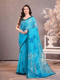 Garden VARELI - Blue Floral Printed Chiffon Saree Without Blouse