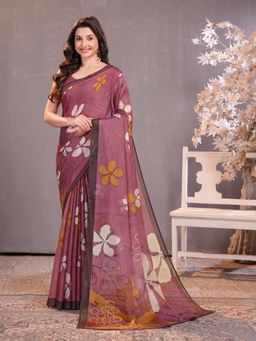 Garden VARELI - Burgundy Floral Printed Chiffon Saree Without Blouse