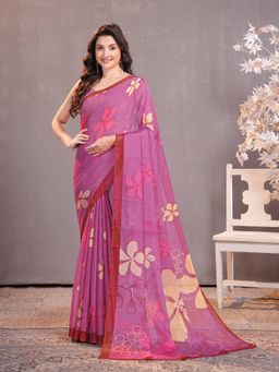 Garden VARELI - Pink Floral Printed Chiffon Saree Without Blouse