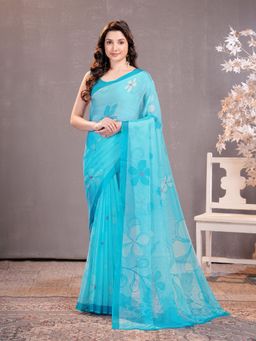 Garden VARELI - Blue Floral Printed Chiffon Saree Without Blouse