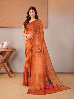 Garden VARELI - Rust Floral Printed Chiffon Saree Without Blouse