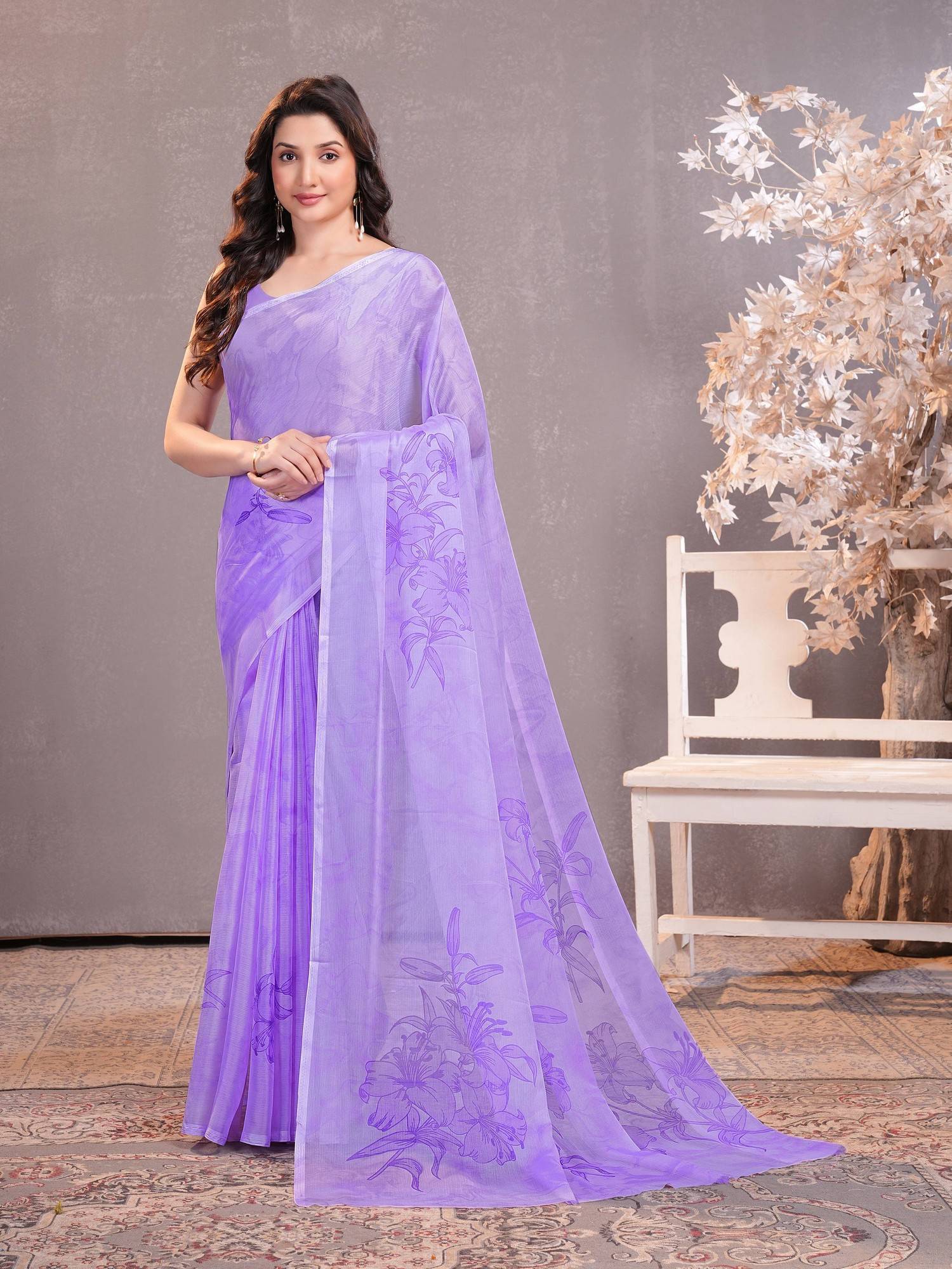 garden vareli Purple Floral Printed Chiffon Saree Without Blouse-picture-20