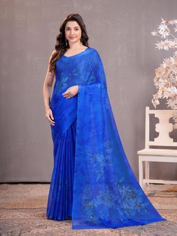 Garden VARELI - Blue Floral Printed Chiffon Saree Without Blouse
