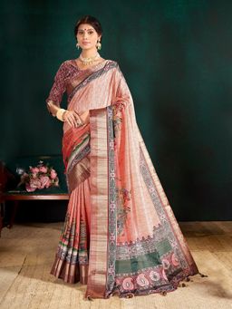Garden VARELI - Maroon Indian Printed Tessar Saree with Unstitched Blouse