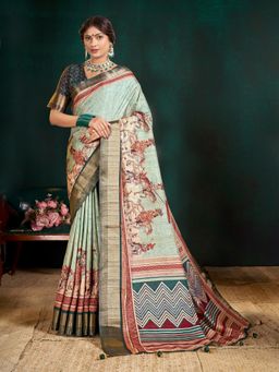 Garden VARELI - Green Printed Tessar Saree with Unstitched Blouse