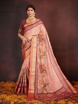 Garden VARELI - Pink Indian Printed Tessar Saree with Unstitched Blouse