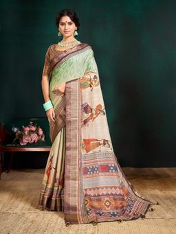 Garden VARELI - Indian Printed Green Tessar Saree with Unstitched Blouse