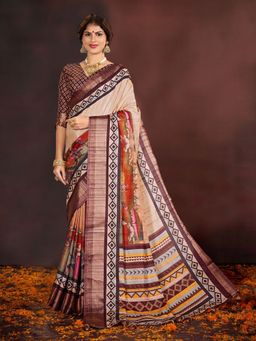 Garden VARELI - Brown Geometric Printed Tessar Saree with Unstitched Blouse