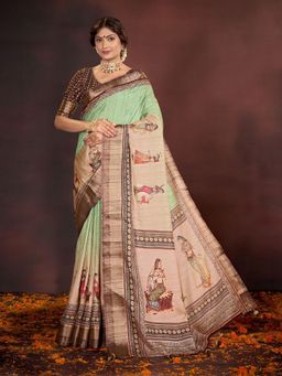 Garden VARELI - Green Indian Printed Tessar Saree with Unstitched Blouse