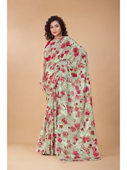 Garden VARELI - Green Floral Printed Velvet Saree Without Blouse