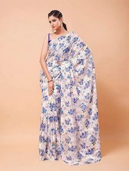 Garden VARELI - Cream Polyester Floral Saree Without Blouse