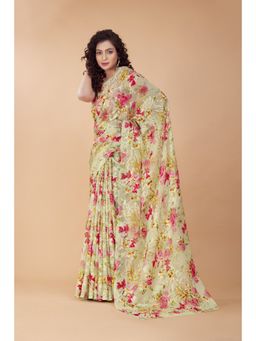 Garden VARELI - Green Floral Printed Velvet Saree Without Blouse