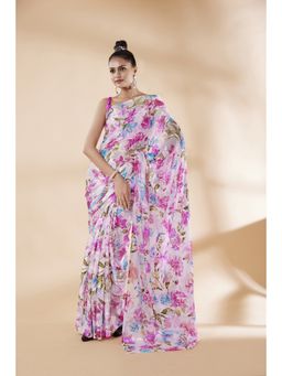 Garden VARELI - Pink Floral Printed Velvet Saree Without Blouse