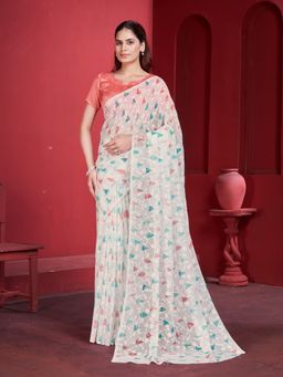 Garden VARELI - White Leaf Printed Velvet Saree with Unstitched Blouse