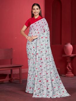 Garden VARELI - Multi-Color Floral Printed Velvet Saree with Unstitched Blouse